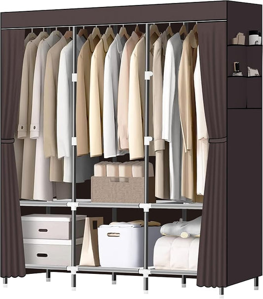 LOKEME Wardrobe Closet,Portable Closet for Bedroom Steel Pipe Diameter 19mm Strong and Sturdy Coffee Colored Portable Closets for Hanging Clothes with 3 Hanging rods, 6 Storage Shelves and Side Pocket