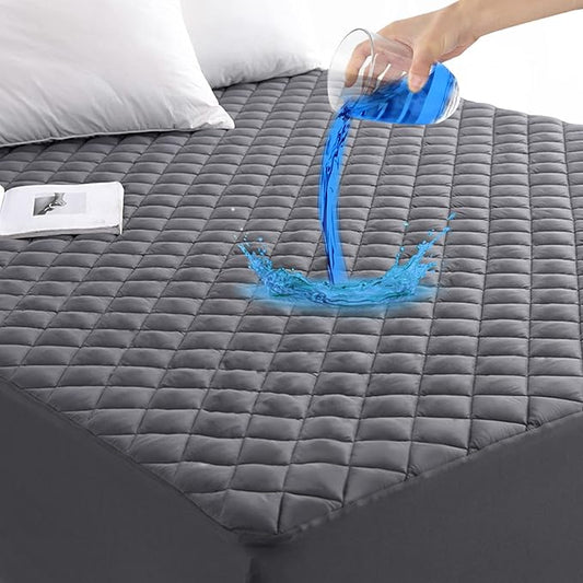 GRT Full Size Grey Quilted Fitted Mattress Pad, 100% Waterproof Breathable Mattress Protector, Noiseless Hollow Cotton Mattress Topper, Fitted 8"-19" Deep, Dust Proof