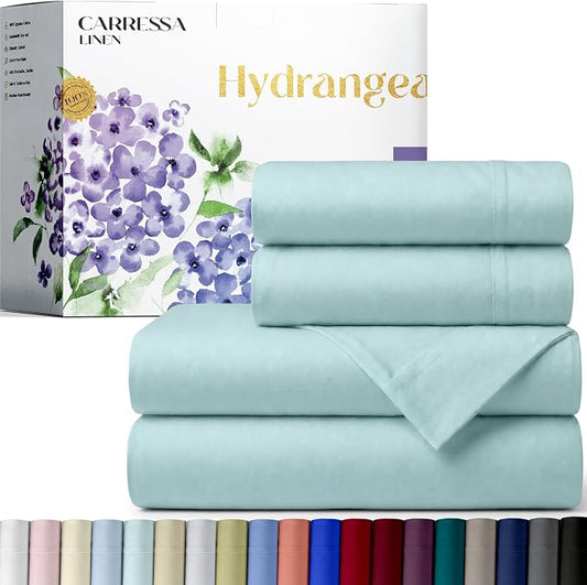 Carressa Linen 100% Egyptian Cotton Queen Sheet Set - 600 Series Hydrangeas Collection Egyptian Cotton Queen Sheets Set (4 PC, Sea Foam), 16" Deep Pocket Sateen Weave Luxury Hotel Bed Sheet