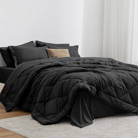 Love's cabin Full Comforter Set Black, 7 Pieces Full Bed in a Bag, All Season Bedding Sets with 1 Comforter, 1 Flat Sheet, 1 Fitted Sheet, 2 Pillowcase and 2 Pillow Sham | Soft, Breathable, Lightweight, Comfortable