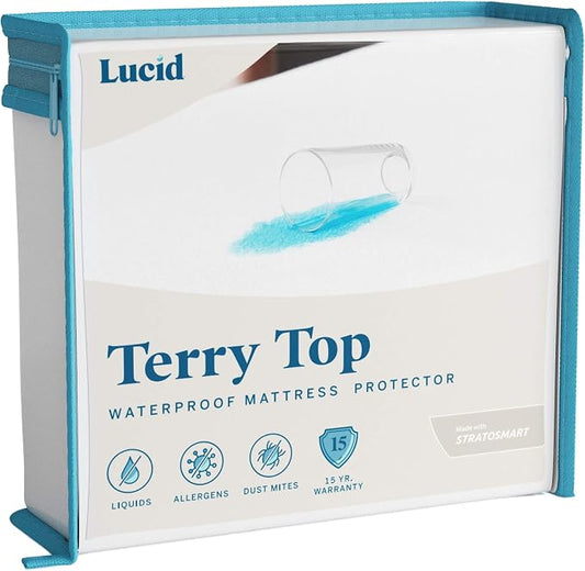 LUCID Premium Waterproof Mattress Protector, California King Size – Fitted Sheet Style, Machine Washable – Cotton Terry Top Cover – Dorm Room Essential – White