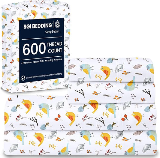 SGI bedding 100% Egyptian Cotton Sheets King Size – 600 Thread Count Sheets Set, Soft, Cooling, 15" Deep Pocket, Luxury Hotel Bedding, Breathable, Durable - Spring Bird