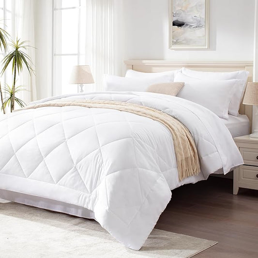 Love's cabin Queen Comforter Set White, 7 Pieces Queen Bed in a Bag, All Season Bedding Sets with 1 Comforter, 1 Flat Sheet, 1 Fitted Sheet, 2 Pillowcase and 2 Pillow Sham | Soft, Breathable, Lightweight, Comfortable