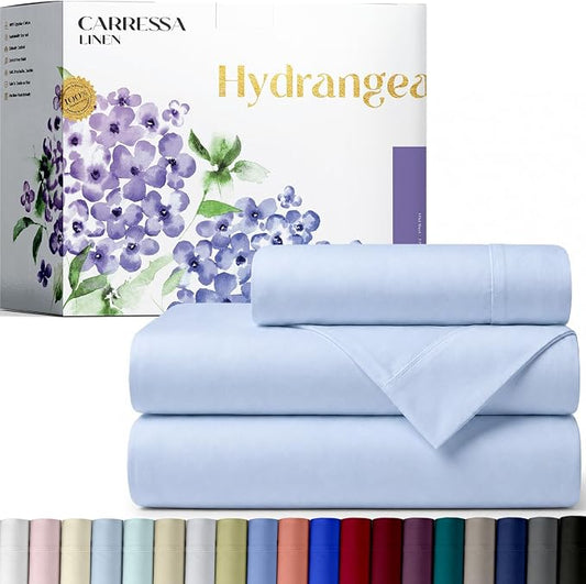 Carressa Linen 100% Egyptian Cotton Twin Sheets Set - 600 Series Hydrangeas Collection Egyptian Cotton Luxury Twin Sheets (3 PC, Light Blue), 16" Deep Pocket, Soft, Cooling, Sateen Weave Bedding