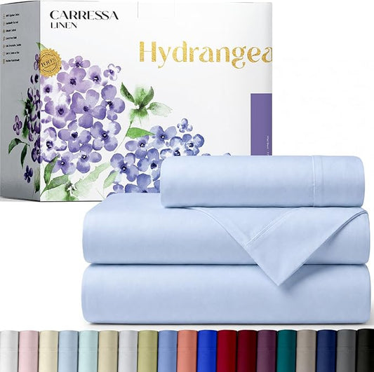 Carressa Linen 100% Egyptian Cotton Twin XL Sheets Set - 600 Series Hydrangeas Collection Luxury Egyptian Cotton Sheets Twin XL Size (3 PC, Light Blue), 16" Deep Pocket, Sateen Weave Bedding