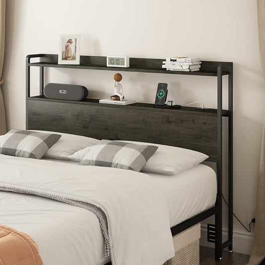 METYERRY Adjustable Full Size Headboard with Outlets, USB Ports,Type-C,LED Lights, and Storage, Rustic Brown, Sturdy Headboard for Enhanced Comfort and Functionality,Black Oak,Bed Frame NOT Included