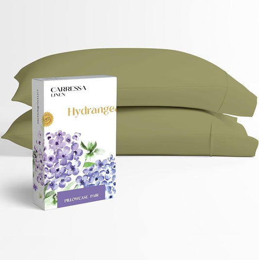 Carressa Linen 100% Egyptian Cotton Pillow Cases Queen Size Set of 2 - Luxury 600 Series Hydrangeas Collection Queen Size Pillowcases (Sage Green), Cooling Sateen Weave Hotel Quality Bed Pillow Cover