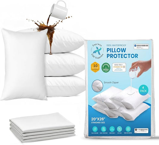 Set of 4 Standard/Queen Waterproof Pillow Protectors - Temperature Balancing, Allergist Recommended - Premium Breathable, Zippered Protectors (White)