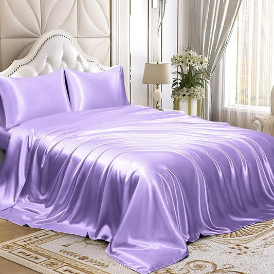 Homiest 4pcs Satin Sheets Set Luxury Silky Satin Bedding Set with Deep Pocket, 1 Fitted Sheet + 1 Flat Sheet + 2 Pillowcases (Full Size, Lavender)