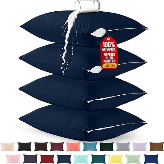 Utopia Bedding Premium 100% Waterproof Pillow Protectors with Zipper Standard Size (Set of 4), Bed Bug and Dust Mite Proof Zippered Pillow Covers, Pillow Encasement Cases, Navy