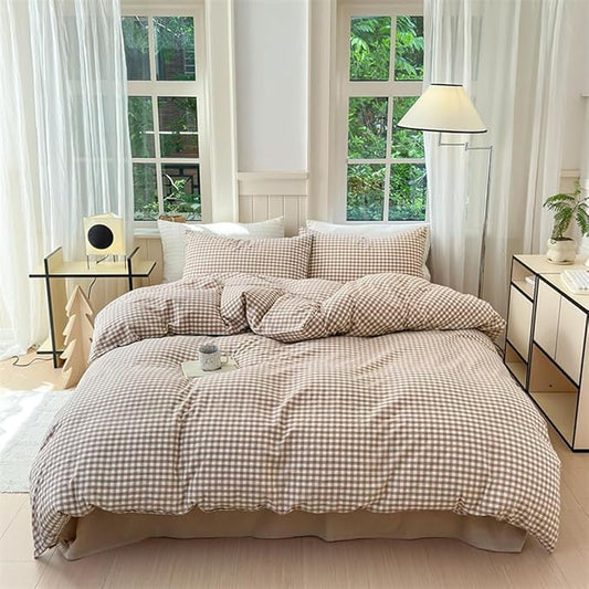 Nayoroom Brown Gingham Duvet Cover King Size Tan White Plaid Checkered Duvet Cover Grid Dorm Bedding Set 3 Pieces Soft Lightweight Washed Microfiber Farmhouse Bedding with Pillowcases