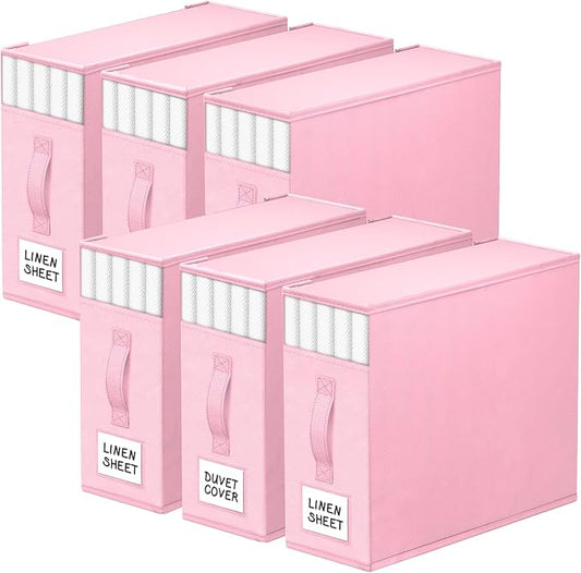 StorageTastic 6 Pack Bed Sheet Closet Organizers and Storage,Sturdy Foldable Storage Containers with Window and Label,Storage and Organization for Bedding Sheets,Duvet Covers,Blankets (Pink)
