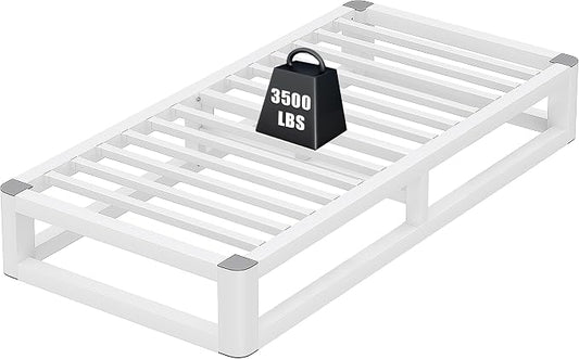 10 Inch Twin Bed Frames with Rounded Corner and Squeak Free U-Slot Design, Metal Platform Bed Frames 6 Non-Slip Guards, 3500lbs Heavy Duty Steel Slat Support, No Box Spring Needed, White