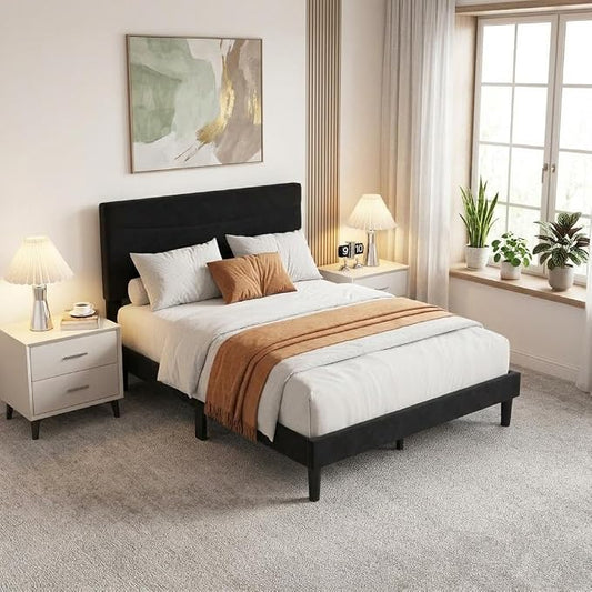IDEALHOUSE Full Size Upholstered Platform Bed Frame with Ergonomic Headboard, Beige Soft Fabric, Heavy Duty Wooden Slats, Noise-Free, 6.3" Underbed Storage, No Box Spring Needed, Easy Assembly