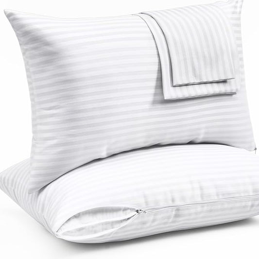 Ultra Soft Pillow Protectors with Zipper King Size - Set of 2 Breathable Pillow Covers - 100% Protection Against Stains, Dust & Dirt - Machine Washable (Dark White)