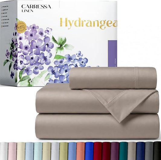 Carressa Linen 100% Egyptian Cotton Twin Sheets Set - 600 Series Hydrangeas Collection Egyptian Cotton Luxury Twin Sheets (3 PC, Taupe), 16" Deep Pocket, Soft, Cooling, Sateen Weave Bedding