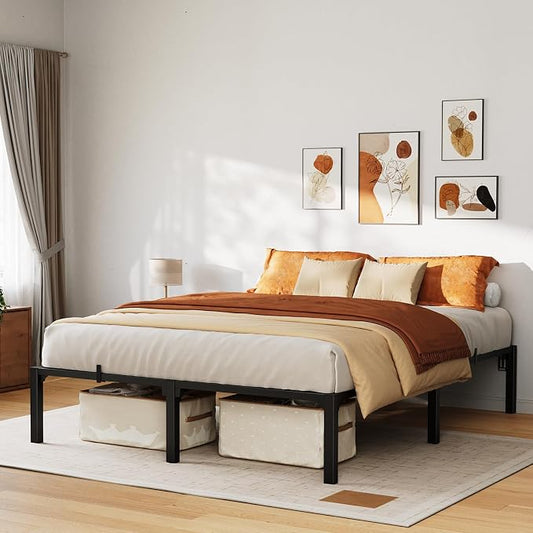 16 Inch Queen Metal Bed Frame, Heavy Duty Metal Platform Bed Frame with Reinforced Slats Support, 800 Lbs Load Capacity, Noise Free, No Box Spring Needed and Screws , Tool-Free Assembly Bed Frame