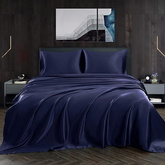 Homiest 4pcs Satin Sheets Set Luxury Silky Satin Bedding Set with Deep Pocket, 1 Fitted Sheet + 1 Flat Sheet + 2 Pillowcases (King Size, Navy Blue)