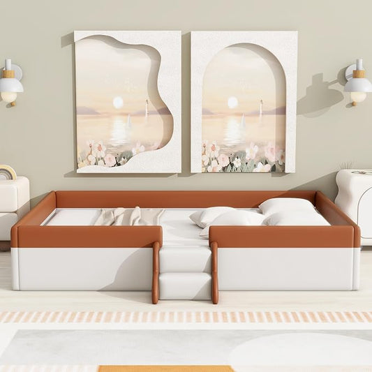 Merax Queen Size Upholstered Kids Daybed Frame with Fence and Stairs, Wood Bed for Living Room, Floor Bed, White+Brown