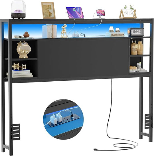 Unikito Full Size Headboard with Storage, Headboard with Outlets and RGB LED Light, Sturdy Head Boards for Full Size Bed, Stable Head Board Only for Bedroom, Dorm Room, Guest Room, Black