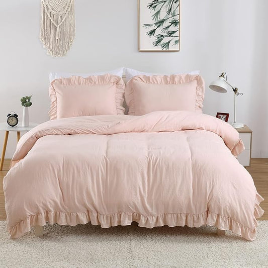 CAROMIO Pink Ruffled Duvet Cover Twin, 2PCS Soft Washed Microfiber Vintage French Country Duvet Cover Set for Kids Girls, Pink, 68x90 in