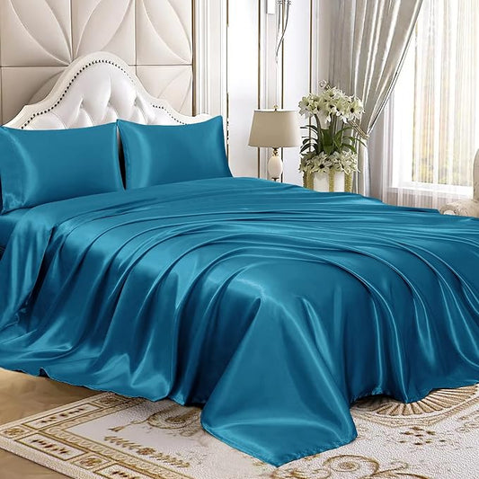 Homiest 4pcs Satin Sheets Set Luxury Silky Satin Bedding Set with Deep Pocket 1 Fitted Sheet + 1 Flat Sheet + 2 Pillowcases (King Size, Lake Blue)