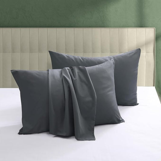 100% Egyptian Cotton Pillow Protectors Set of 2, 600 Thread Count Queen Size Bed Pillow Cases with Zipper, Sateen Weave Cooling Pillow Cases Quiet and Breathable Easy Care (2PCS, Queen, Dark Grey)