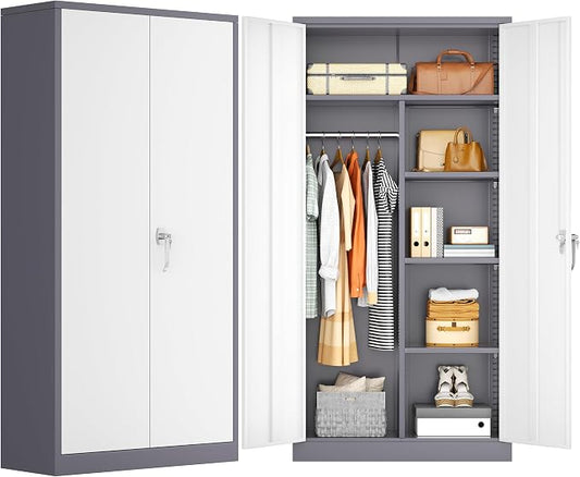 INTERGREAT Metal Storage Cabinet,72 Tall Armoire Wardrobe Closet with Doors,Grey White Storage Locker Cabinets with Adjustable Shelves and Removable Hanging Rods