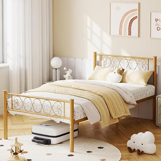 GarveeHome Twin Size Metal Bed Frame with Headboard & Footboard 13.7 Inch Metal Platform Mattress Foundation Support with Strong Metal Slats, Under Bed Storage, No Box Spring Needed