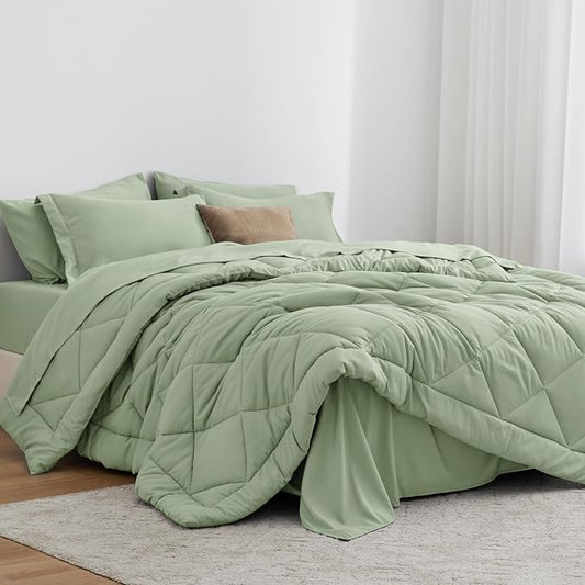 Love's cabin King Size Comforter Set Sage, 7 Pieces King Bed in a Bag, All Season Bedding Sets with 1 Comforter, 1 Flat Sheet, 1 Fitted Sheet, 2 Pillowcase and 2 Pillow Sham | Soft, Breathable, Lightweight, Comfortable