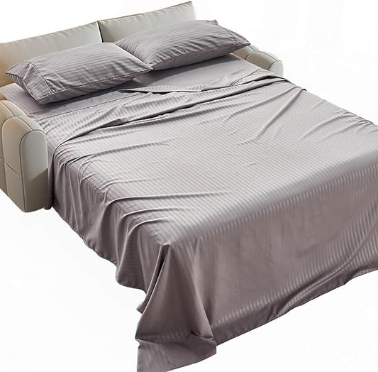 Kingnex Striped Sofa Bed Sheets Queen for Sleeper Sofa Bed with 4-6 Deep Soft Brushed 1800 Microfiber 4 Piece Bedding Set (60"x74"x6") Grey