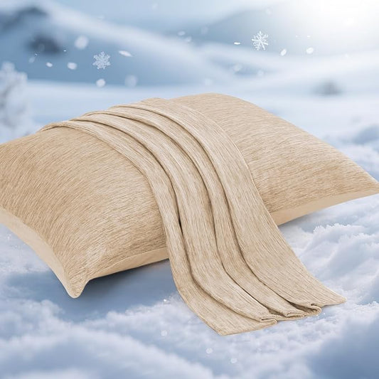 Elegear Cooling Pillow Cases for Hot Sleepers, Japanese Q-Max 0.5 Cooling Pillowcases, Both Sides(Cooling/Cotton), Breathable Soft Pillowcase for Hair and Skin, Set of 2-Beige (Queen (20'' x 30''))