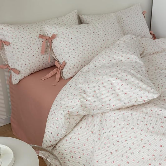 mixinni White Flower Pattern Duvet Cover Queen Cottage Pink Floral Stripes Duvet Cover Set 100% Cotton Bedding Set with Zipper Ties Bowknot Pillowcases, Easy Care, Soft and Breathable-Queen Size