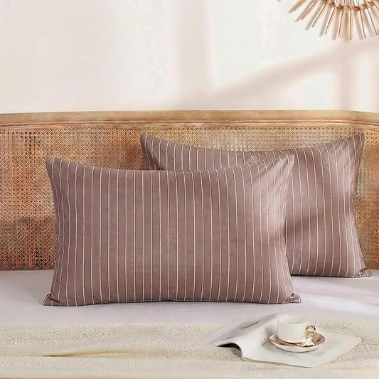 Merryword Brown Striped Pillowcases, 100% Cotton Pillow Cases, Standard Size Pillowcases, Luxury Linen Like Pillowcase, Soft Breathable Pinstripe Pillow Covers, Set of 2
