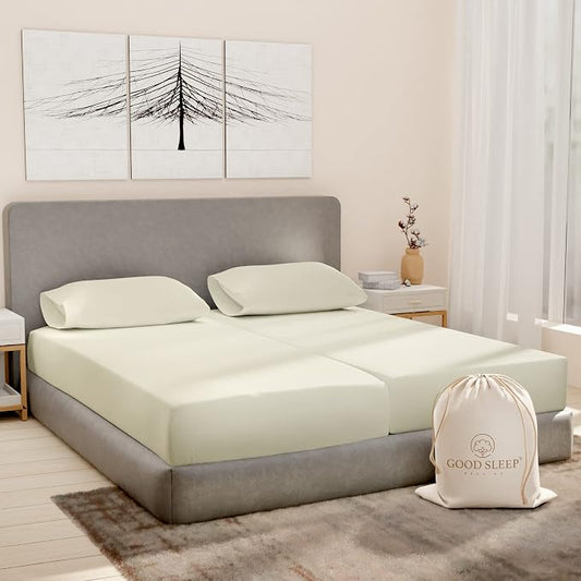 Good Sleep Bedding Split King Sheets Sets for Adjustable Bed Cotton, Luxury Sheets, Egyptian Cotton, 5 Piece Cotton Split King Sheet Set, Sateen Sheets, 2 Fitted - 16" Deep Pocket, Ivory