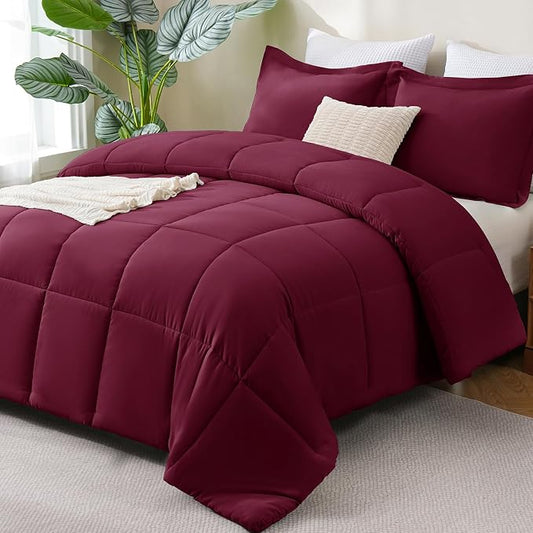 CozyLux Queen Comforter Set - 270GSM Burgundy Bedding Sets for All Seasons, 3 Pieces Box Stitched Bed Set with 1 Down Alternative Comforter and 2 Pillow Shams, Soft, Lightweight, Breathable