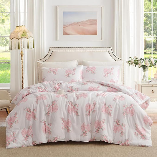 Nayoroom Pink Bow Duvet Cover Full Size Coquette Pink Floral Duvet Cover 3 Pieces Soft Lightweight Microfiber Girls Cute Aesthetic Dorm Bedding Set