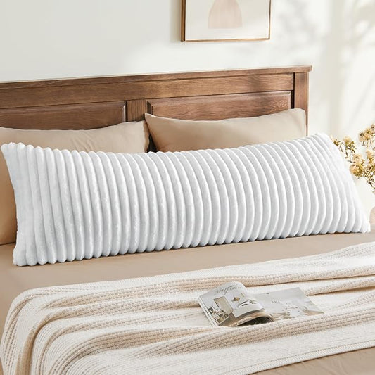 BEDELITE Fluffy Faux Fur Body Pillow Cover with Zipper, Luxury Plush 3D Striped Pillow Cover 20x54 Inches, Super Soft and Cozy Long Body Pillow Pillowcase for Bed Sofa Couch Room Decor(Bright White)