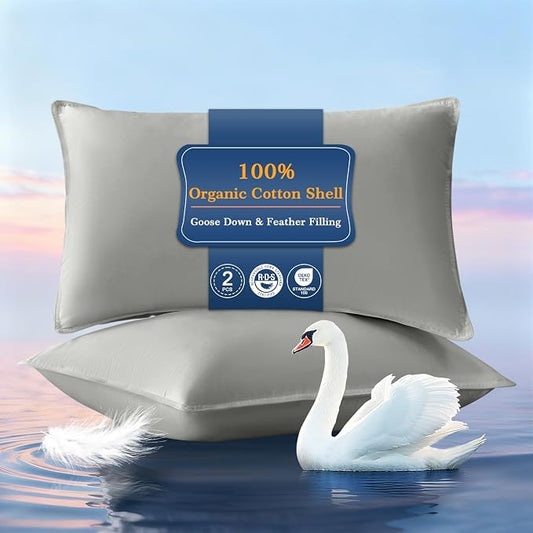 Goose Feather Down Pillows Standard Size Set of 2, Ultra Soft 100% Organic Cotton Fabric 700TC, 900 Fill Power Luxury Hotel Collection Bed Gusseted Pillows 2 Pack for Back, Stomach or Side Sleepers