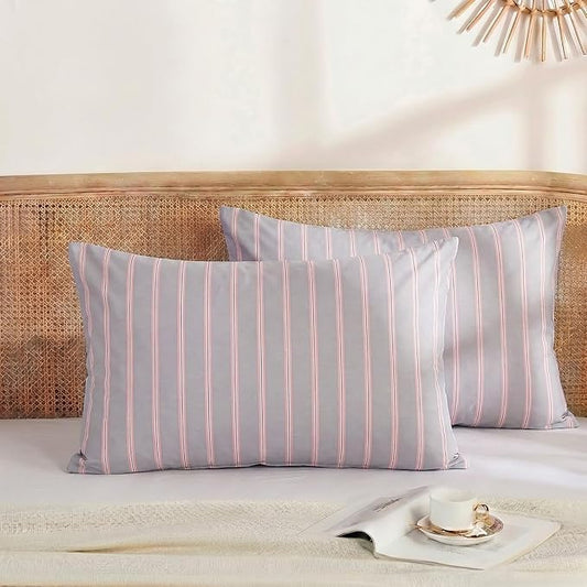 Merryword Queen Size Pillowcases, 100% Cotton Pillow Cases, Gray and Pink Striped Pillowcases, Luxury Linen Like Pillowcase, Soft Breathable Wide Stripes Pillow Covers, Set of 2