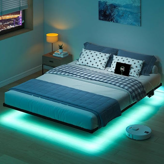 HAVONIZD Floating Bed Frame Queen with LED Lights and Charging Station - 8 inch Platform Bed Frame No Box Spring Needed, Easy Assembly