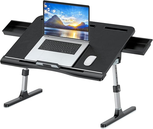 KLEAR Laptop Bed Tray Table [Luxury PVC Leather], Adjustable Laptop Desk for Bed, Foldable Lap Desk for Laptop with 2 Drawers, Multifunctional Lap Table for Working, Eating, Writing, Gaming, Drawing