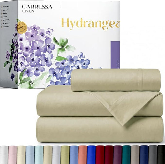 Carressa Linen 100% Egyptian Cotton Twin XL Sheets Set - 600 Series Hydrangeas Collection Luxury Egyptian Cotton Sheets Twin XL Size (3 PC, Sand), 16" Deep Pocket, Sateen Weave Bedding