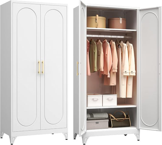 Polup Metal Wardrobe Cabinet for Hanging Clothes, 71" Tall Armoire Wardrobe Closet with Hanging Rod, White Clothing Storage Cabinet with Doors and Shelves, Large Closet for Bedroom-Assemble Required