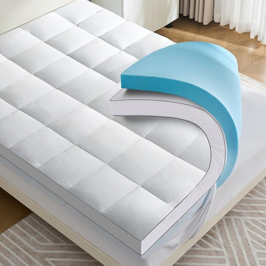 4 Inch Dual Layer Mattress Topper Full Size, 2 Inch Cooling Gel Memory Foam and 2 Inch Down Alternative Pillow Top Pad for Back Pain, with 8-21 Inch Deep Pocket