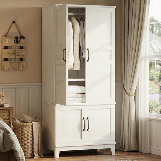IDEALHOUSE Armoire Wardrobe Closet with 4 Doors, 72" Tall Wooden Clothing Wardrobe with Hanging Rod & DIY Adjustable Shelf, Heavy Duty Bedroom Armoire Storage Cabinet, Rustic White