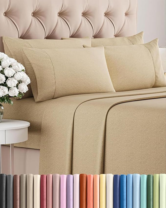Queen 6 Piece Sheet Set - Comfy, Breathable & Cooling - Soft Hotel Luxury Bedding for Women, Men, Kids, Teens and Children - 1 Flat & 1 Fitted Sheet & 4 Pillowcases with Deep Pockets - Heathered Tan