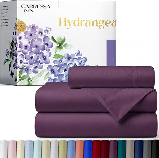 Carressa Linen 100% Egyptian Cotton Twin XL Sheets Set - 600 Series Hydrangeas Collection Luxury Egyptian Cotton Sheets Twin XL Size (3 PC, Plum), 16" Deep Pocket, Sateen Weave Bedding