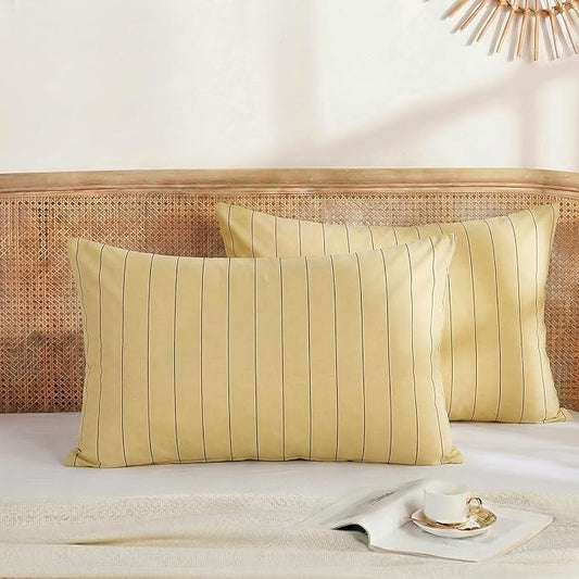 Merryword Yellow Striped Pillowcases, 100% Cotton Pillow Cases, Queen Size Pillowcases, Luxury Linen Like Pillowcase, Soft Breathable Pinstripe Pillow Covers, Set of 2