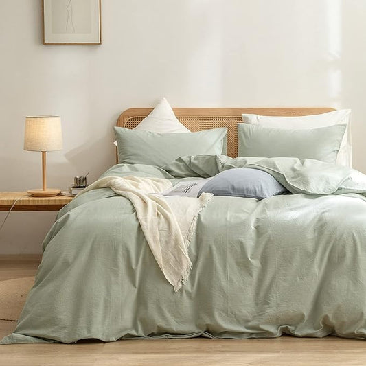 BESTOUCH Duvet Cover Set 100% Washed Cotton Linen Feel Super Soft Comfortable Chic Lightweight 2 PCs Home Bedding Set Solid Sage Green Twin/Twin XL